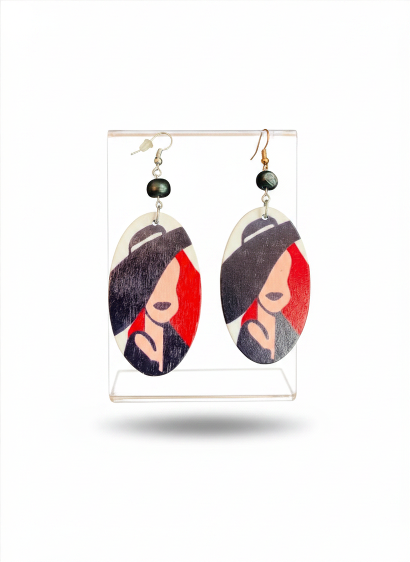 Oval Shape Black & Red Women Earring